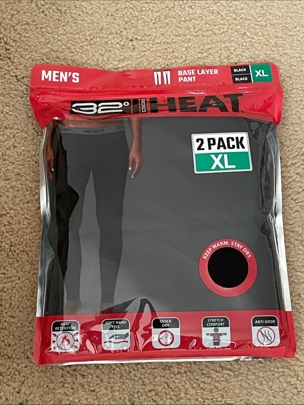 32 Degrees Heat Men's Black Base Layer Pant 2-Pack - XL
